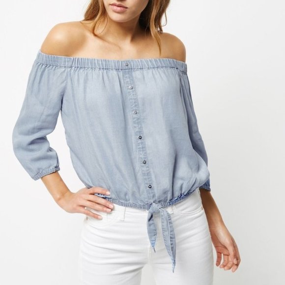 River Island Off the Shoulder Tie Front 3/4 Sleeve Top size 8 - Picture 5 of 5